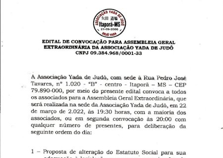 Itaporã: Edital de convocação para assembleia geral extraordinária da associação Yada de Judô